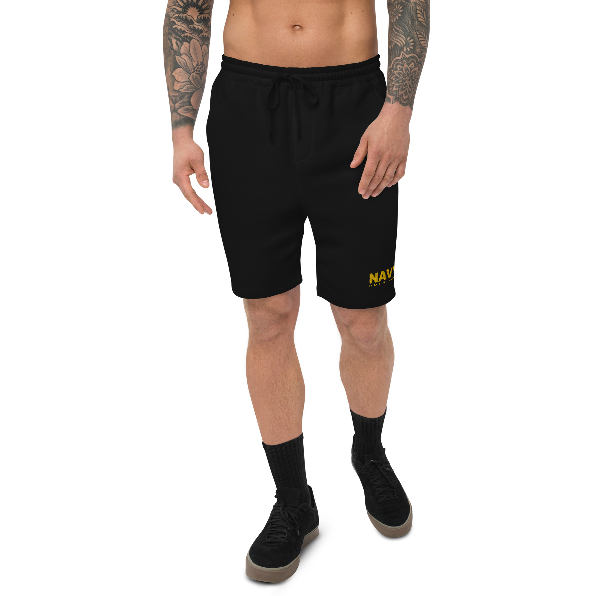 Embroiderd NAVY HMCS YORK Men's fleece shorts (Gold Thread) - Black, L