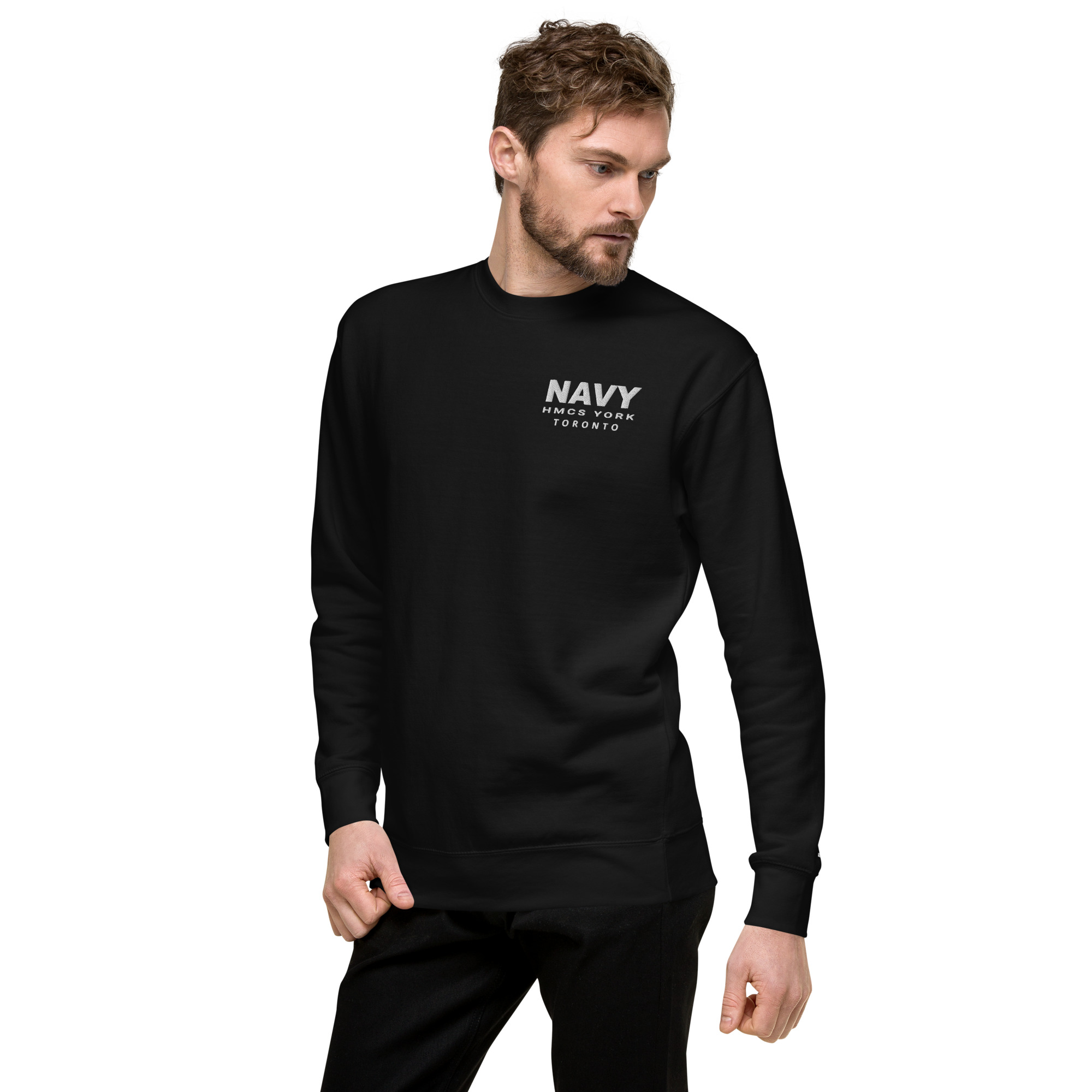 Embroidered NAVY HMCS YORK Unisex Premium Sweatshirt (White Thread) - Image 4