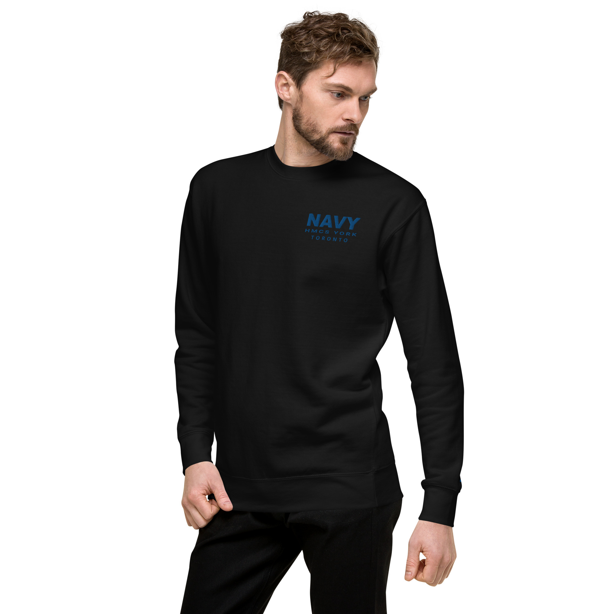 Embroidered NAVY HMCS YORK Unisex Premium Sweatshirt (Blue Thread) - Image 4