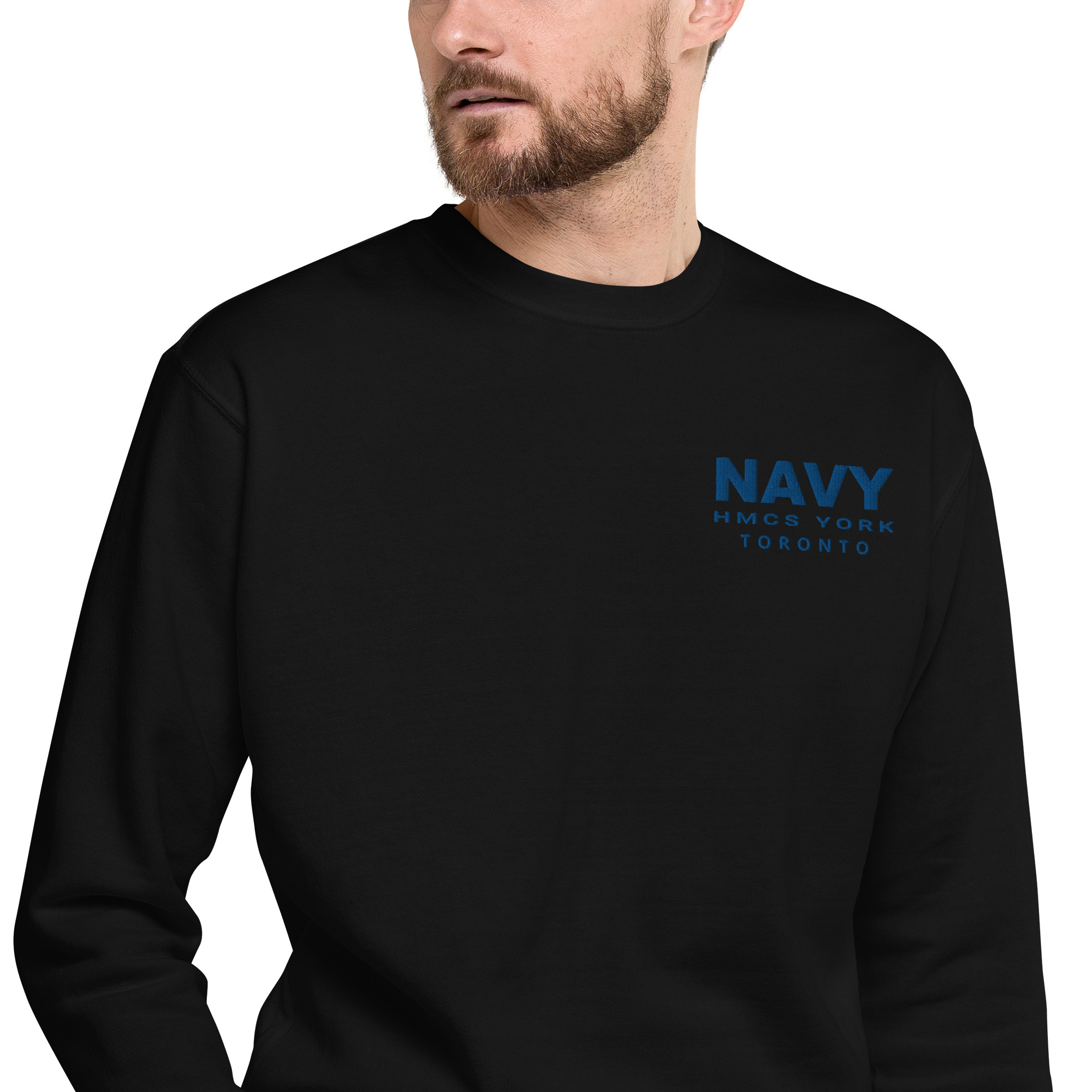 Embroidered NAVY HMCS YORK Unisex Premium Sweatshirt (Blue Thread) - Image 2