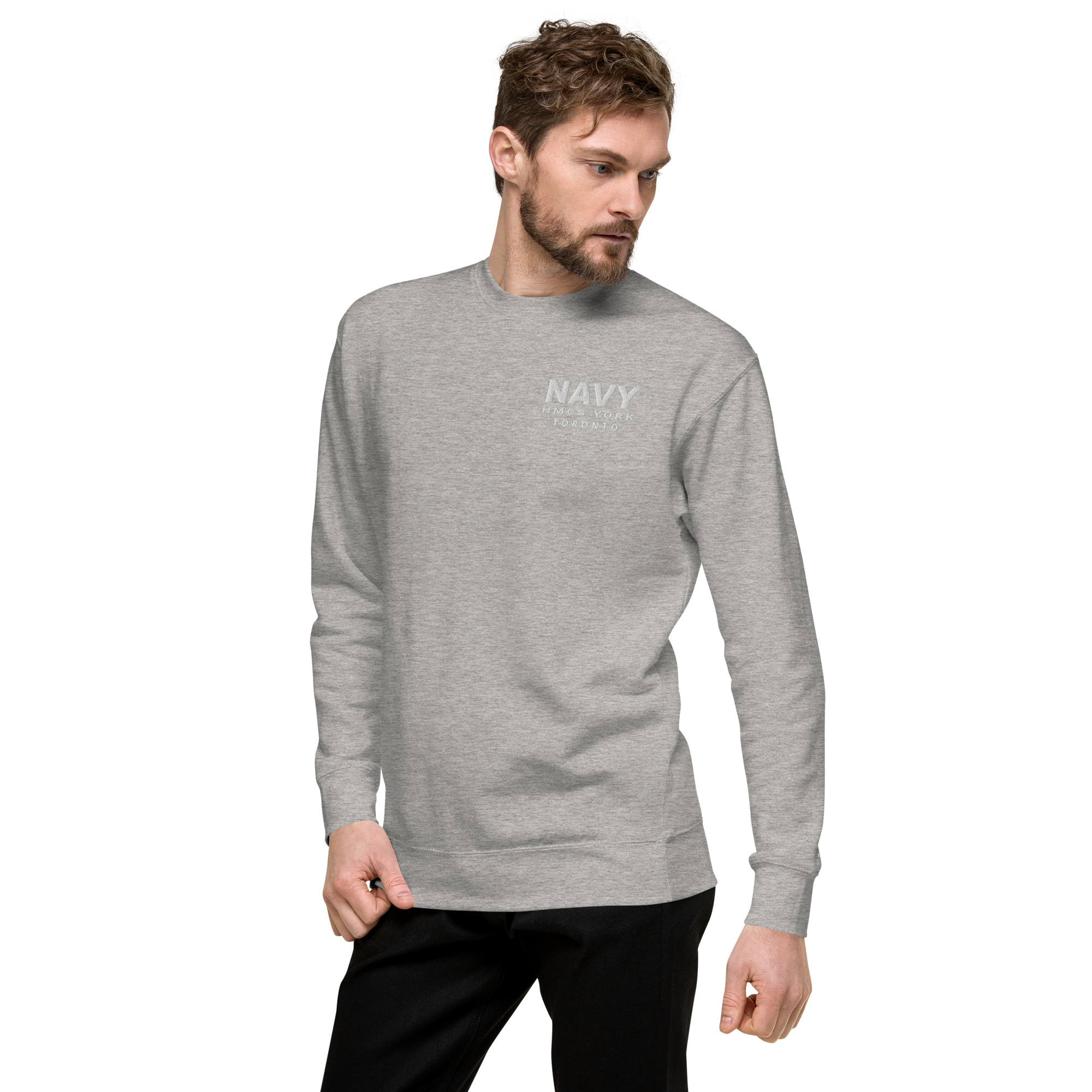 Embroidered NAVY HMCS YORK Unisex Premium Sweatshirt (White Thread) - Image 15
