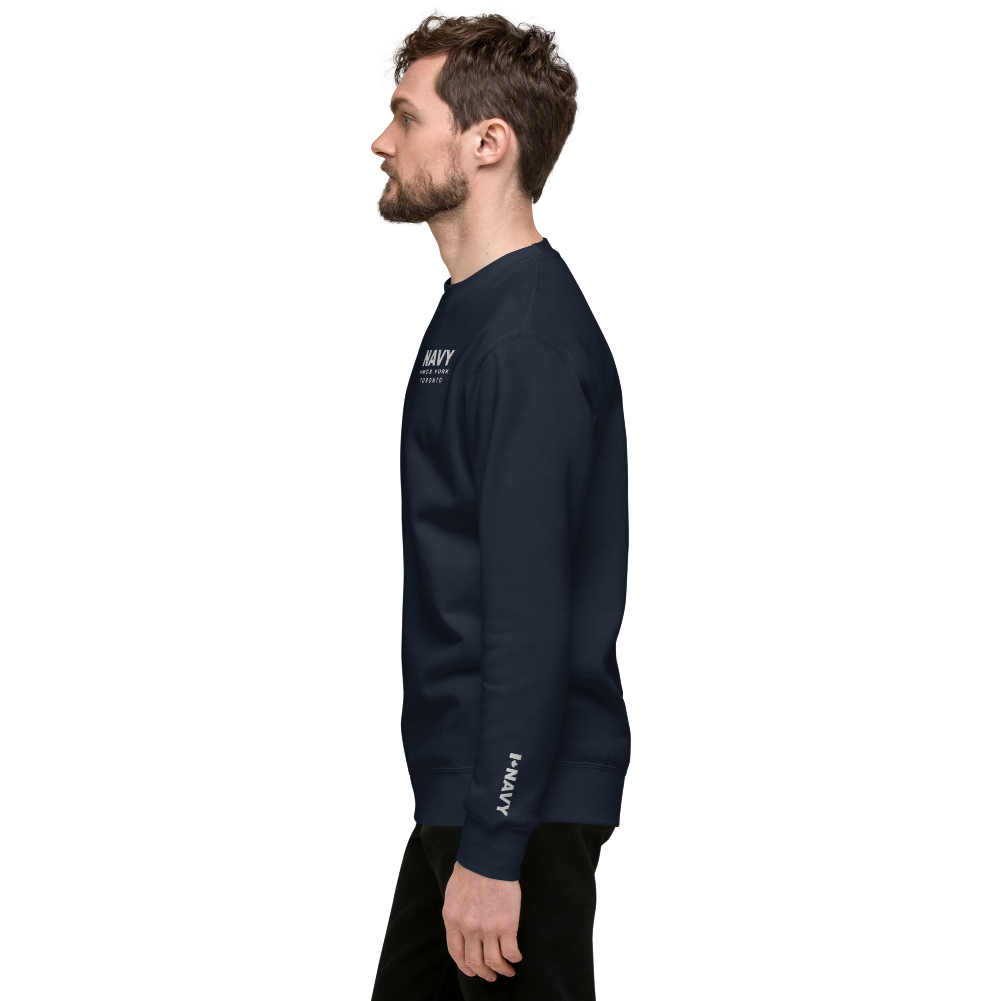 Embroidered NAVY HMCS YORK Unisex Premium Sweatshirt (White Thread) - Image 6