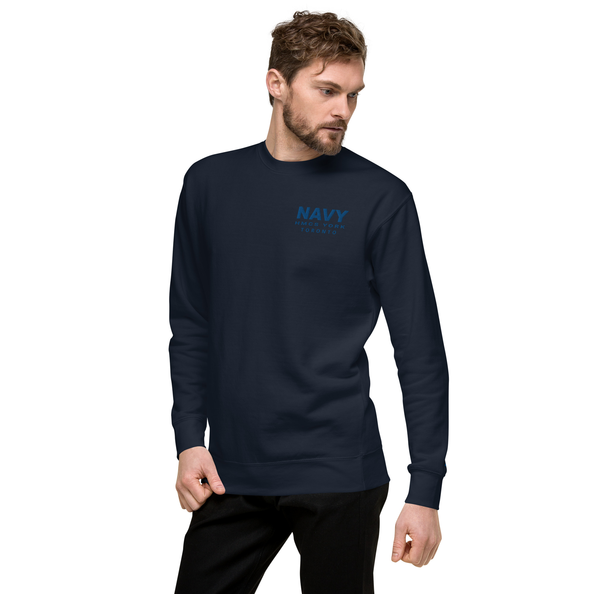 Embroidered NAVY HMCS YORK Unisex Premium Sweatshirt (Blue Thread) - Image 7