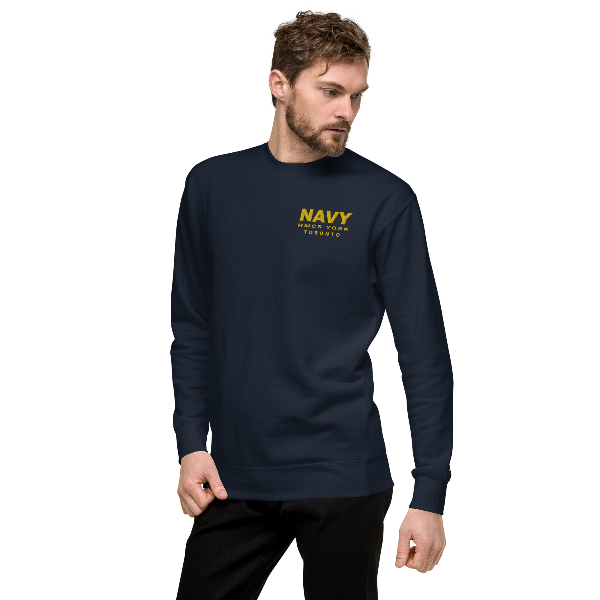 Embroidered NAVY HMCS YORK Unisex Premium Sweatshirt (Gold Thread) - Image 7