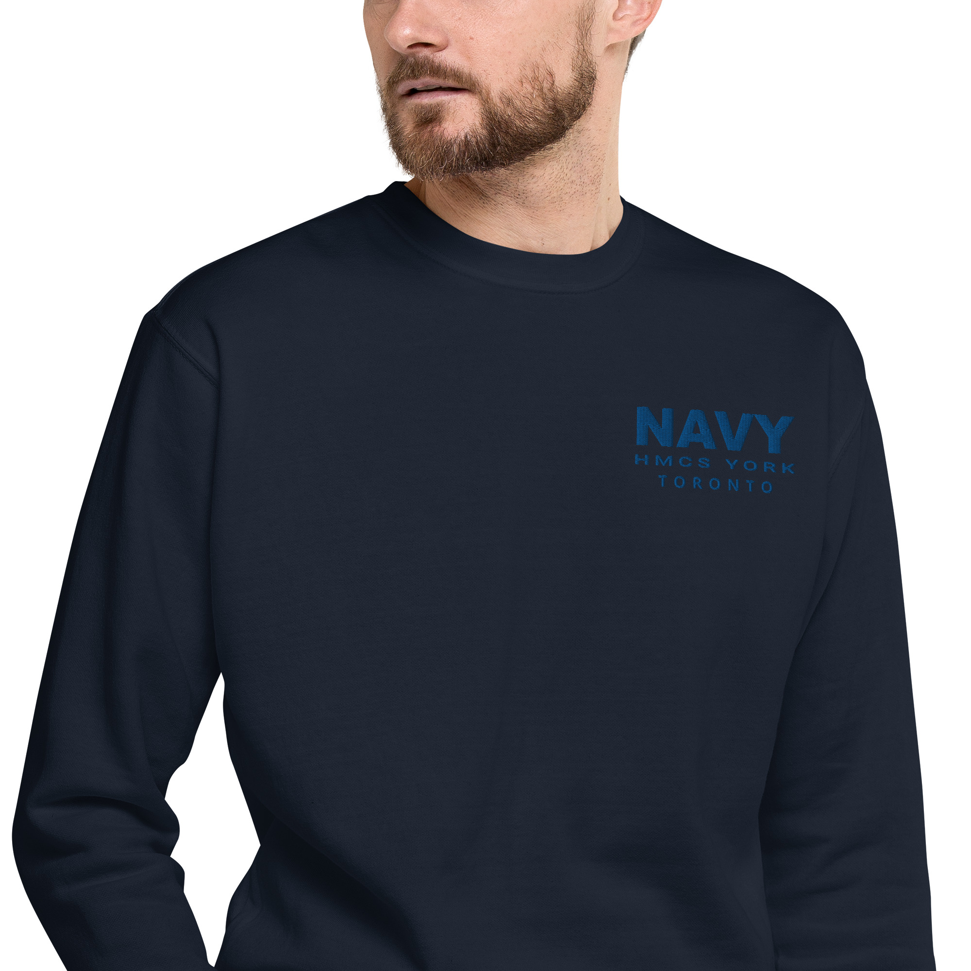 Embroidered NAVY HMCS YORK Unisex Premium Sweatshirt (Blue Thread) - Image 5