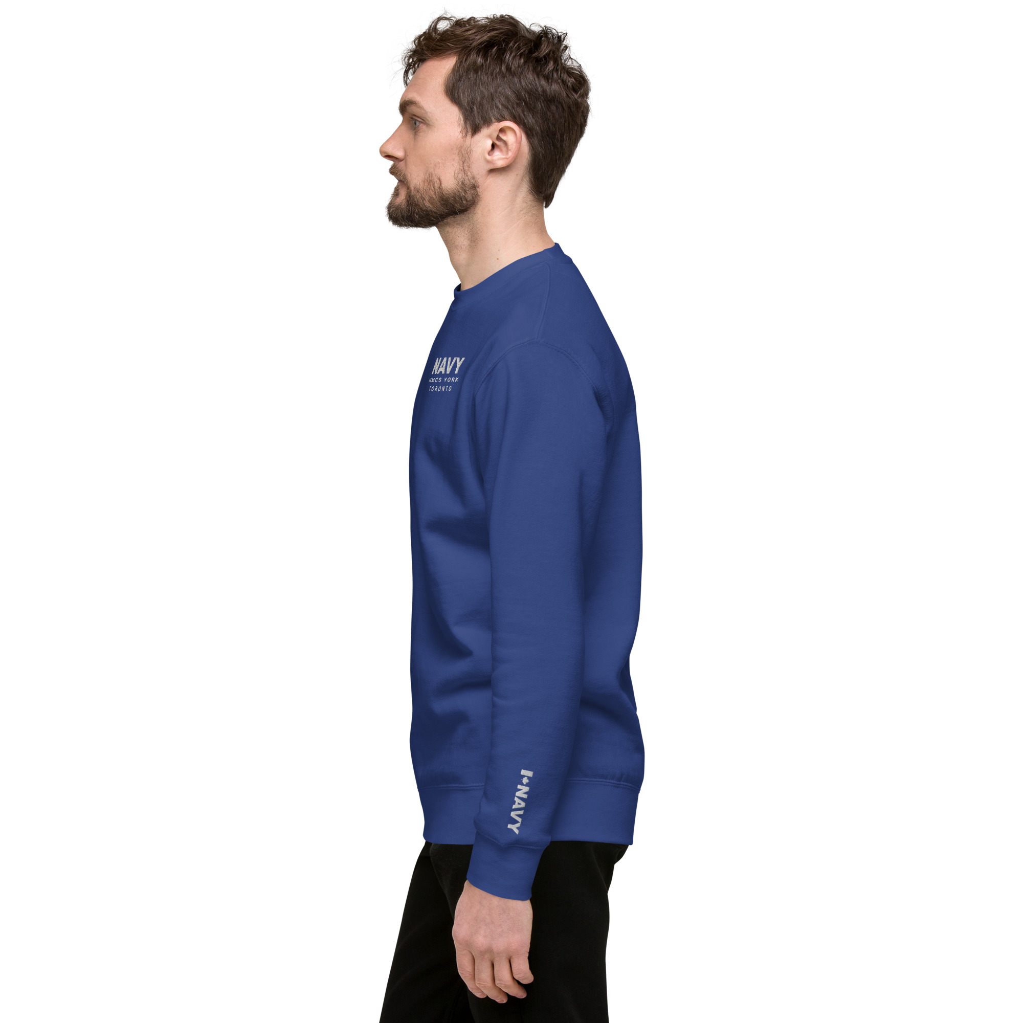 Embroidered NAVY HMCS YORK Unisex Premium Sweatshirt (White Thread) - Image 11