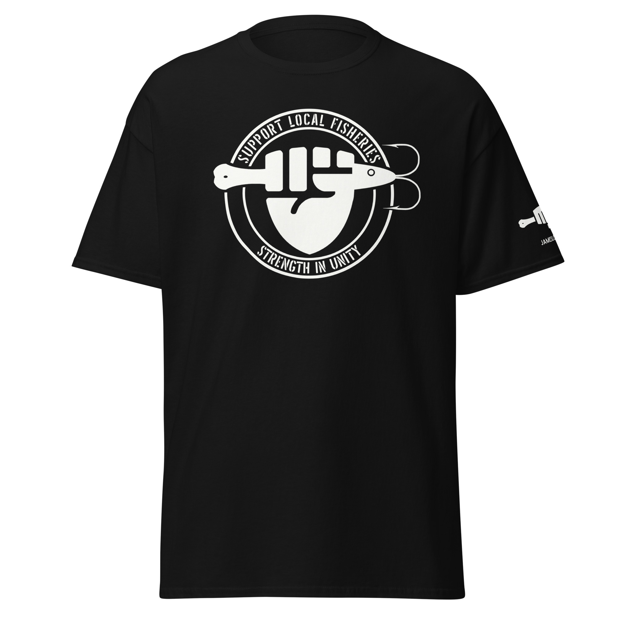 FIST & JIGGER: SUPPORT LOCAL FISHERIES; STRENGTH IN UNITY (White Logo) Unisex classic tee - Image 3