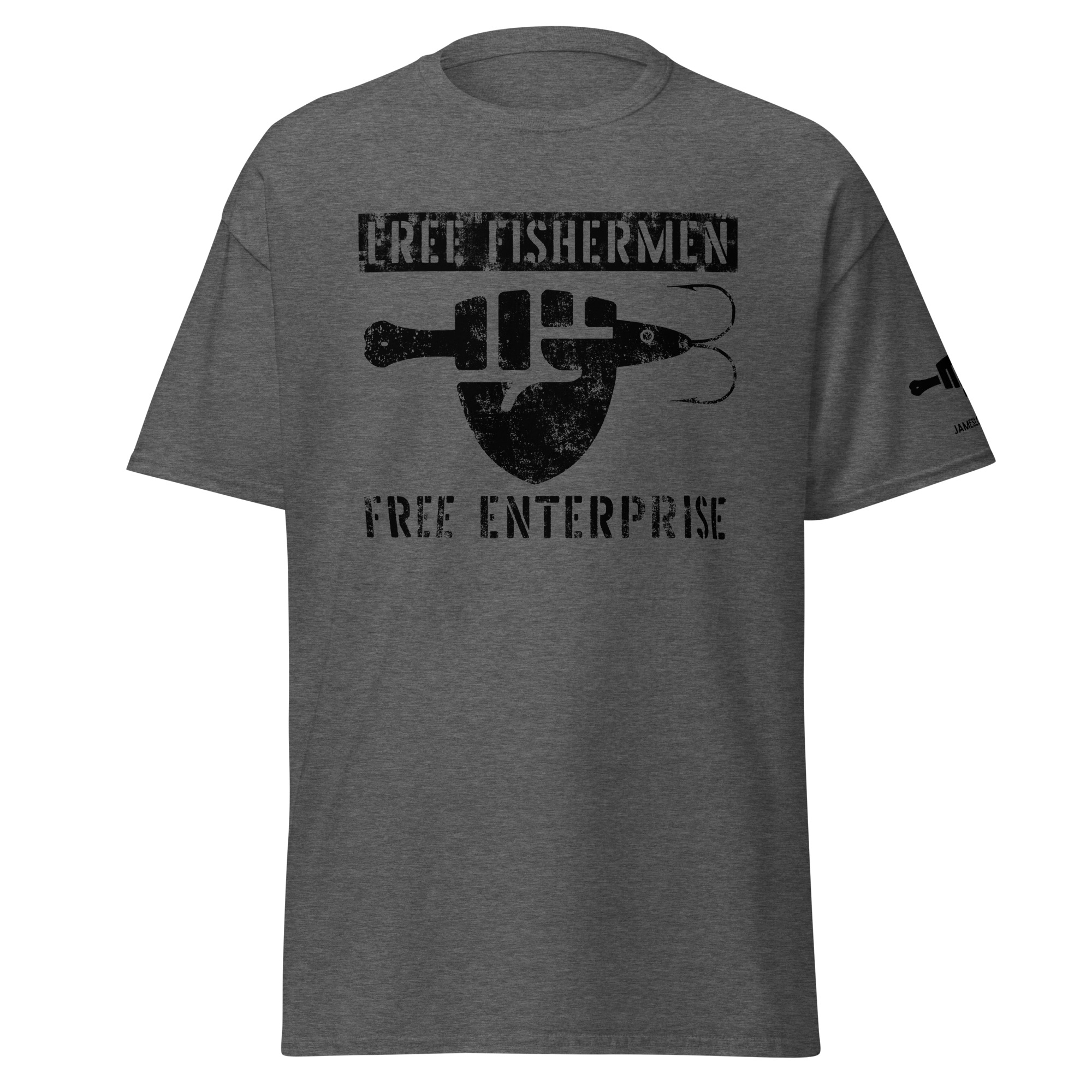 FIST & JIGGER: FREE FISHERMEN FREE ENTERPRISE (Black Distressed Logo) Unisex classic tee - Image 4