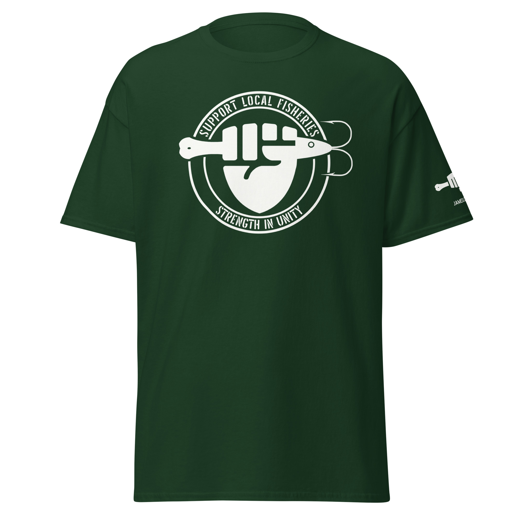 FIST & JIGGER: SUPPORT LOCAL FISHERIES; STRENGTH IN UNITY (White Logo) Unisex classic tee - Image 11
