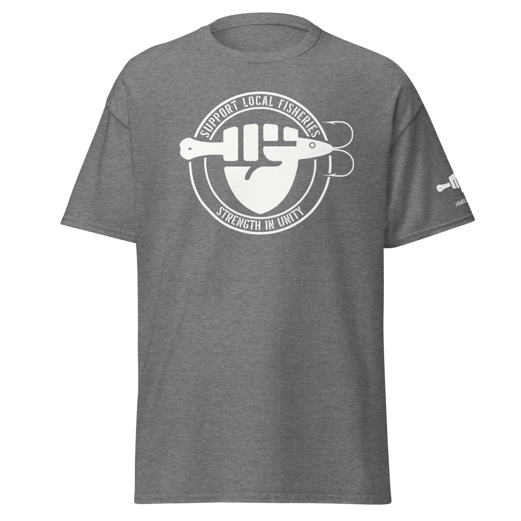 FIST & JIGGER: SUPPORT LOCAL FISHERIES; STRENGTH IN UNITY (White Logo) Unisex classic tee - Image 25