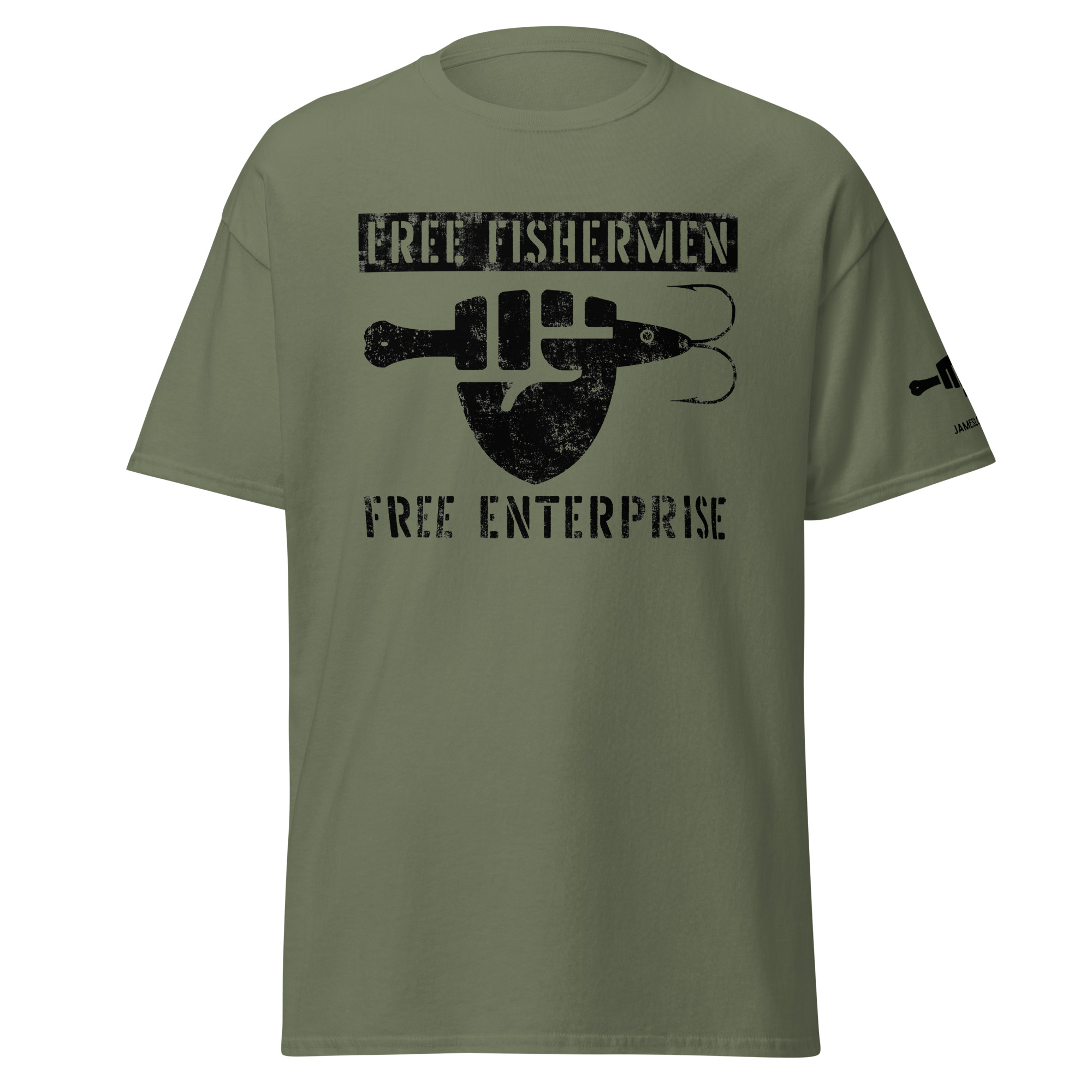 FIST & JIGGER: FREE FISHERMEN FREE ENTERPRISE (Black Distressed Logo) Unisex classic tee - Image 10