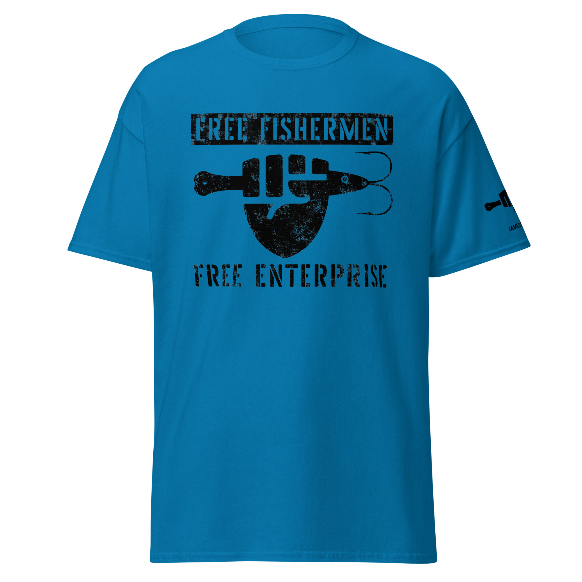FIST & JIGGER: FREE FISHERMEN FREE ENTERPRISE (Black Distressed Logo) Unisex classic tee - Image 8